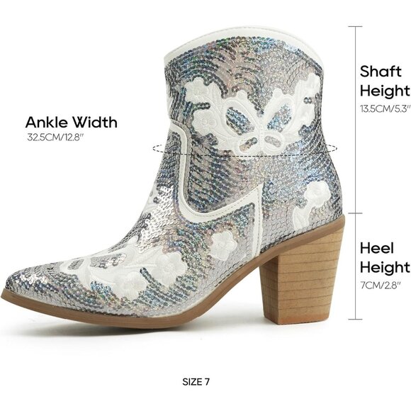 Women's Sparkling White Shiny Sequin Embroidery Ankle Pointed Toe Western Boot - Picture 5 of 7